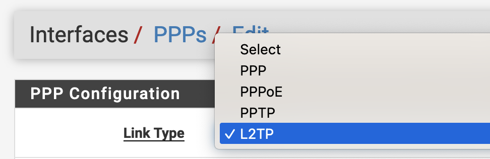 Select L2TP from the PPP settings