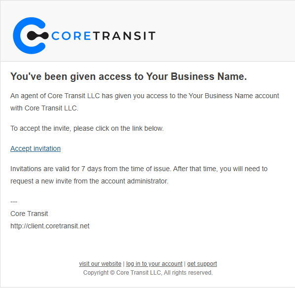 Core Transit welcome email